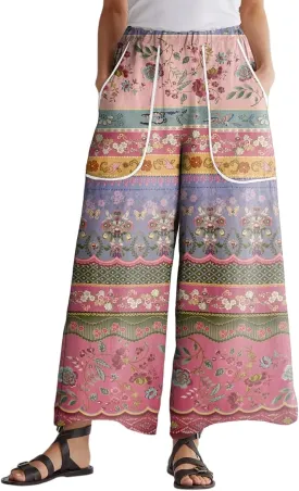 Wide Leg Pants for Women Summer High Waisted Palazzo Floral Print Pants Elastic Waist Lounge Trousers with Pocket
