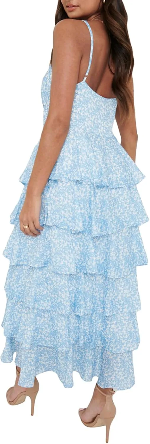Women 2023 Floral Long Dress Tiered Ruffles Sleeveless Cami Dress Summer Casual Beach Party Midi Dress Streetwear