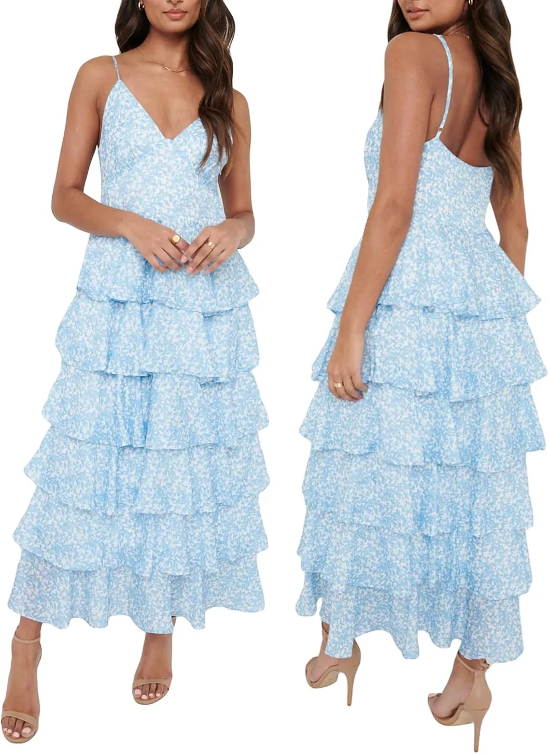 Women 2023 Floral Long Dress Tiered Ruffles Sleeveless Cami Dress Summer Casual Beach Party Midi Dress Streetwear