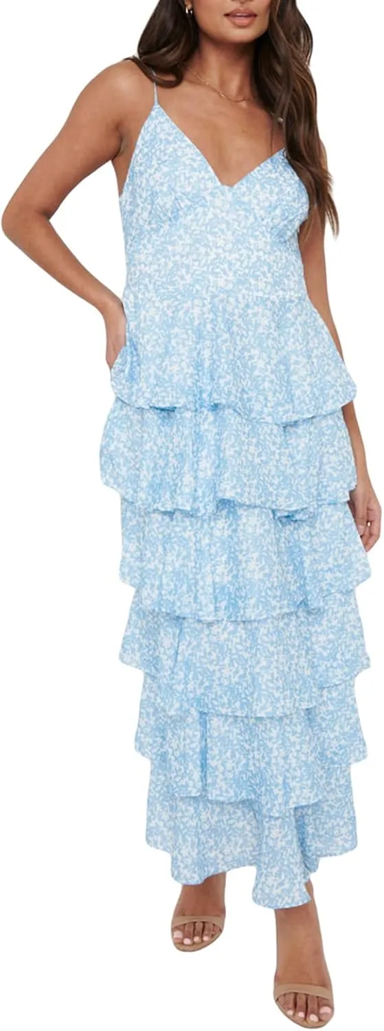 Women 2023 Floral Long Dress Tiered Ruffles Sleeveless Cami Dress Summer Casual Beach Party Midi Dress Streetwear
