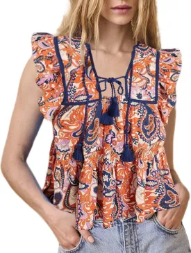 Women Boho Tie Front Peplum Top Floral Print Flowy Fringe Shirt Square Neck Ruffle Tank Top Going Out Blouse Tops