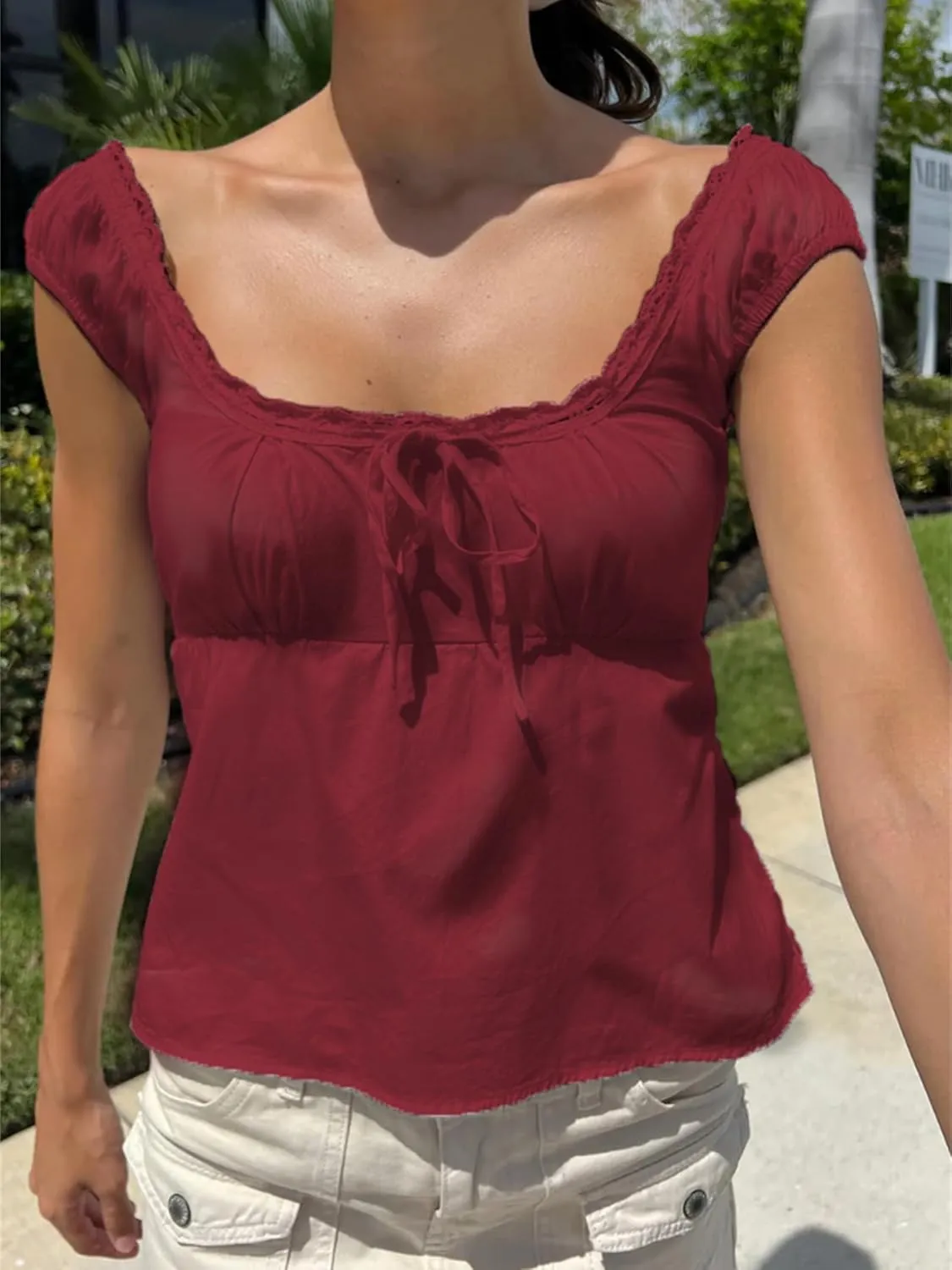 Women Fairy Grunge Babydoll Top Y2k Puff Short Sleeve Lace Trim Shirt Aesthetic Cute Square Neck Crop Top Blouses