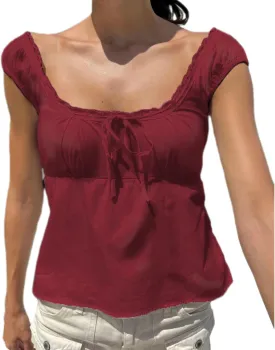 Women Fairy Grunge Babydoll Top Y2k Puff Short Sleeve Lace Trim Shirt Aesthetic Cute Square Neck Crop Top Blouses