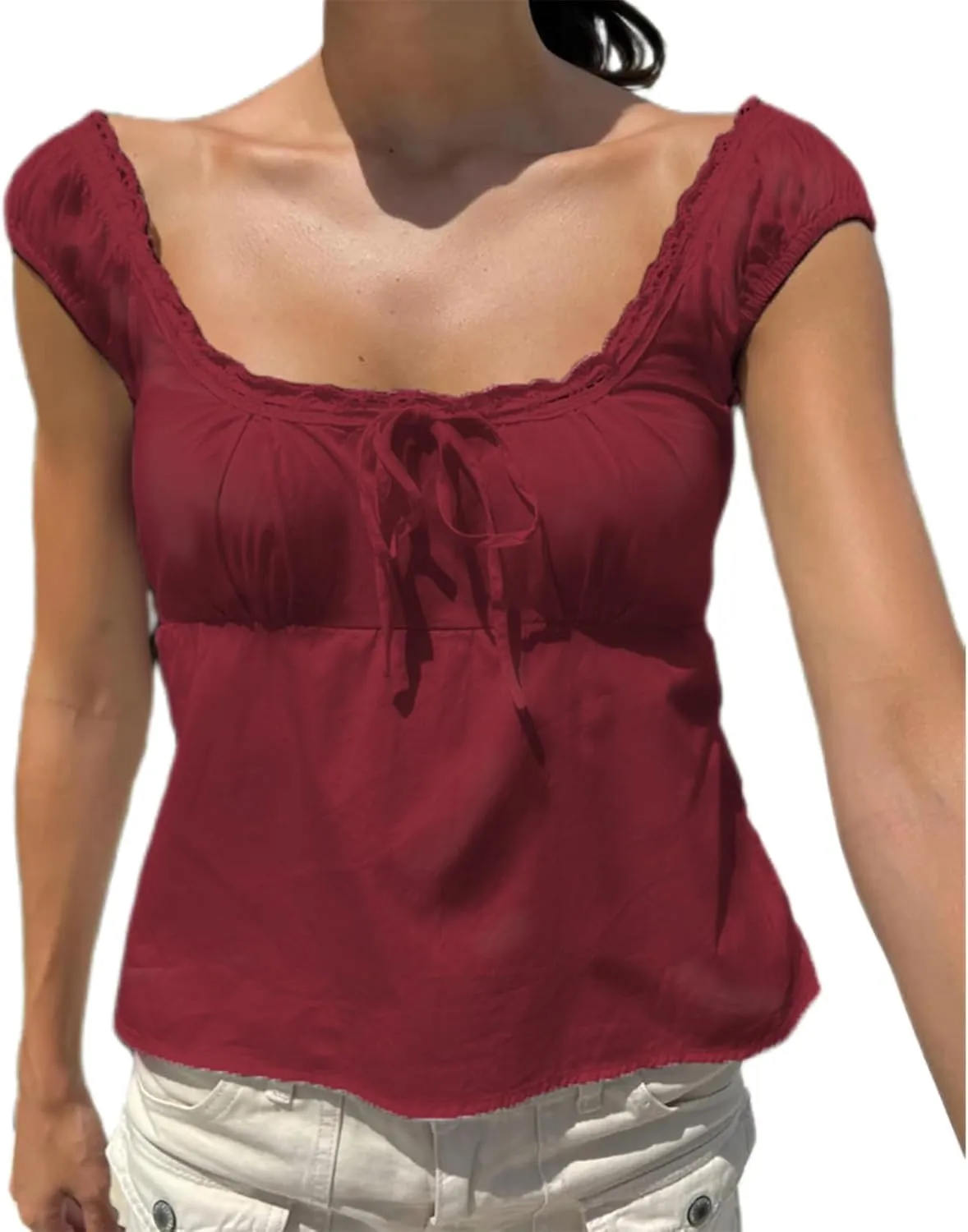Women Fairy Grunge Babydoll Top Y2k Puff Short Sleeve Lace Trim Shirt Aesthetic Cute Square Neck Crop Top Blouses
