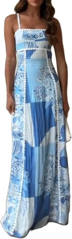 Women Floral Boho Maxi Dress Graphic Spaghetti Strap Long Dress Tiered Flowy Cami Dress Backless Beach Dress