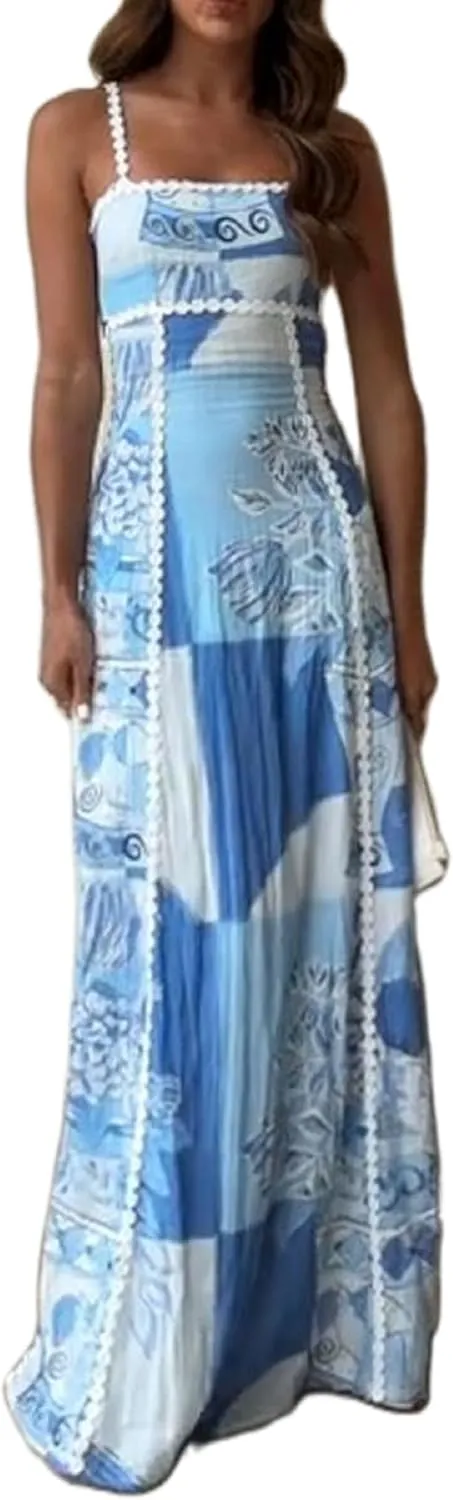 Women Floral Boho Maxi Dress Graphic Spaghetti Strap Long Dress Tiered Flowy Cami Dress Backless Beach Dress