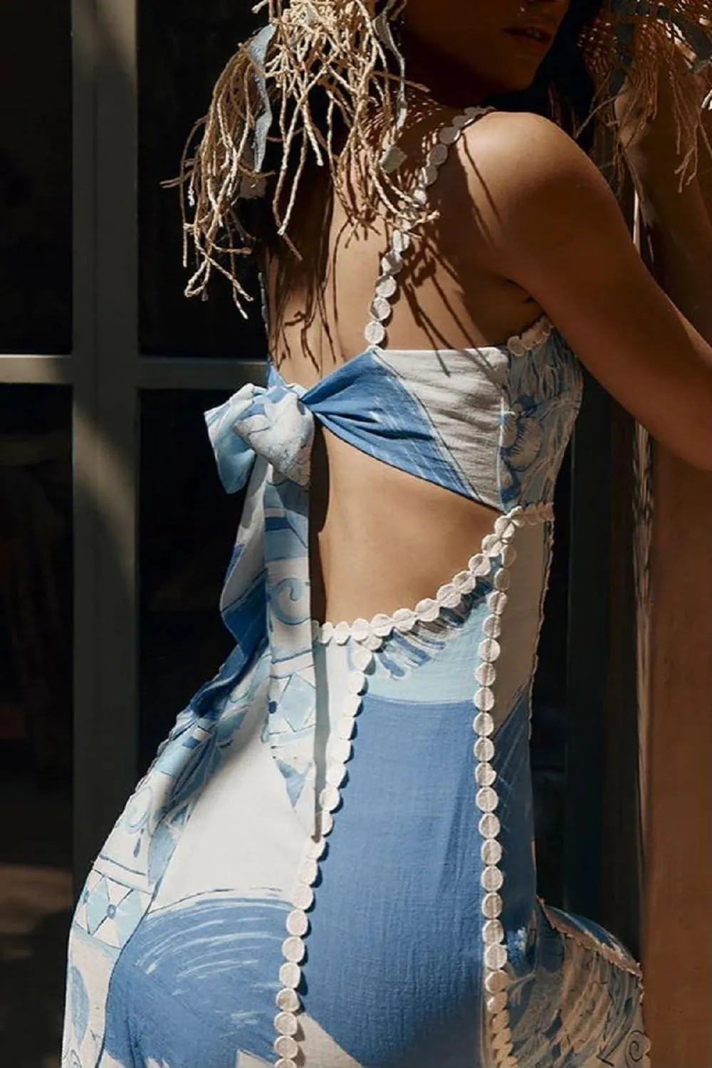 Women Floral Boho Maxi Dress Graphic Spaghetti Strap Long Dress Tiered Flowy Cami Dress Backless Beach Dress