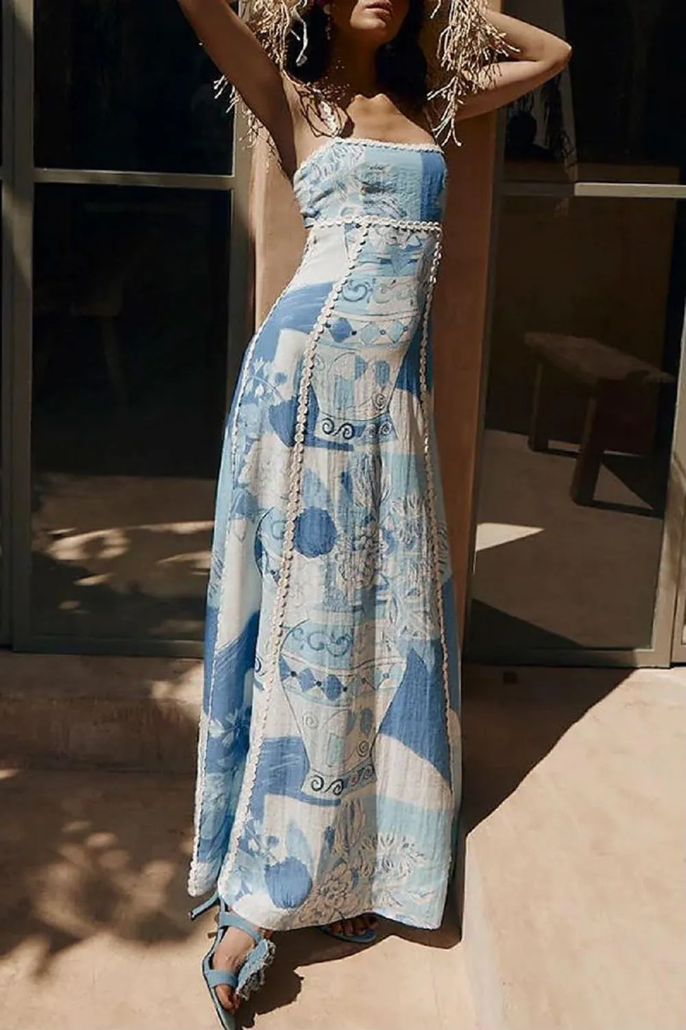 Women Floral Boho Maxi Dress Graphic Spaghetti Strap Long Dress Tiered Flowy Cami Dress Backless Beach Dress