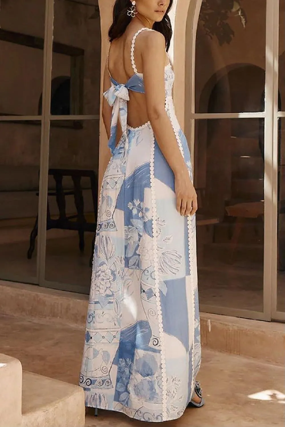Women Floral Boho Maxi Dress Graphic Spaghetti Strap Long Dress Tiered Flowy Cami Dress Backless Beach Dress