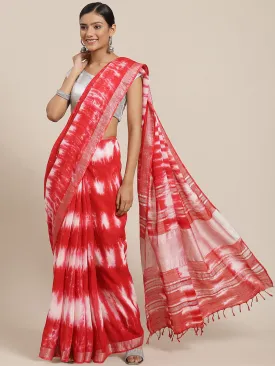 Women Red & White Tie And Dye Linen Blend Leheriya Saree