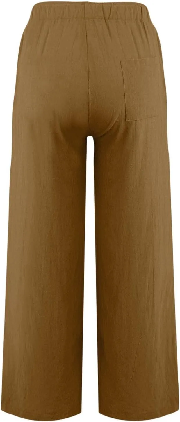 Women Summer Wide Leg Pants Drawstring Elastic High Waisted Lounge Pants Beach Casual Trousers with Pockets