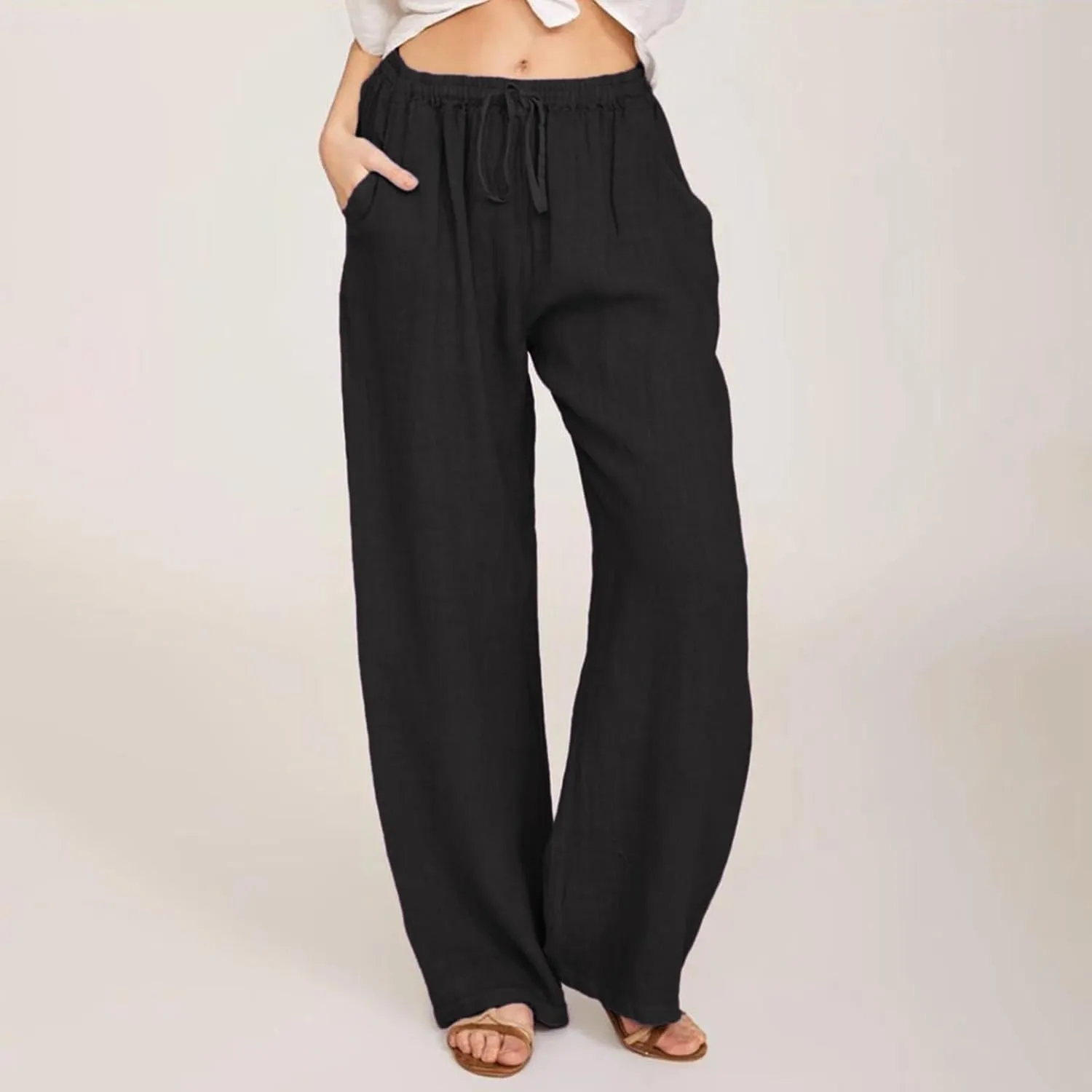 Women Summer Wide Leg Pants Drawstring Elastic High Waisted Lounge Pants Beach Casual Trousers with Pockets
