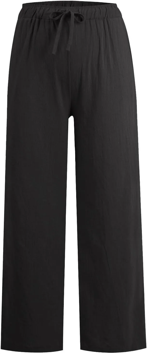 Women Summer Wide Leg Pants Drawstring Elastic High Waisted Lounge Pants Beach Casual Trousers with Pockets