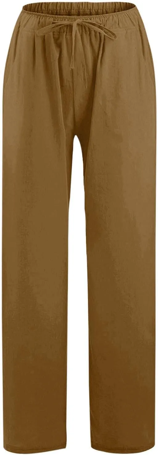 Women Summer Wide Leg Pants Drawstring Elastic High Waisted Lounge Pants Beach Casual Trousers with Pockets