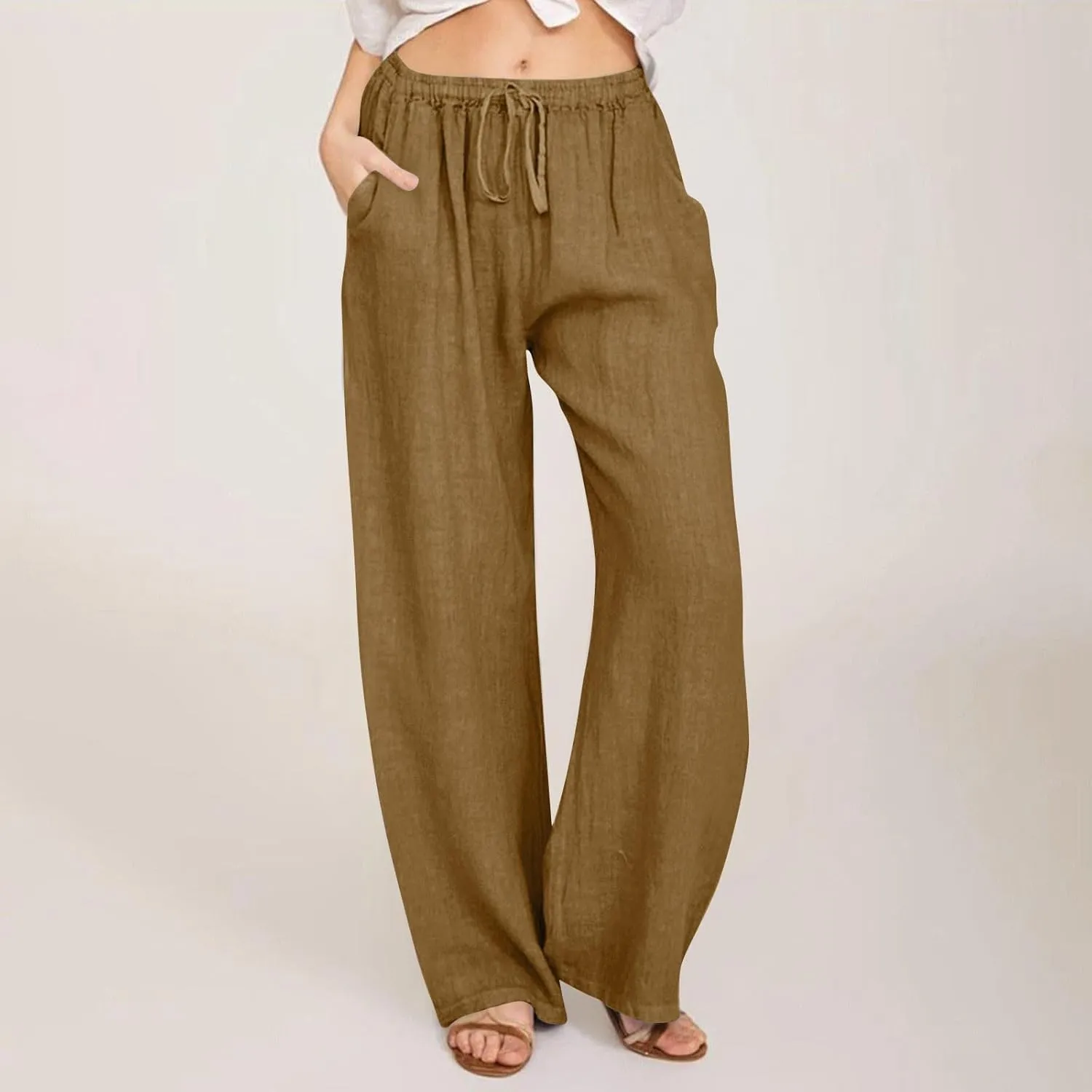 Women Summer Wide Leg Pants Drawstring Elastic High Waisted Lounge Pants Beach Casual Trousers with Pockets