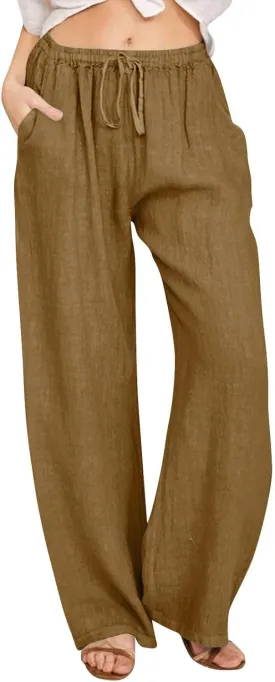 Women Summer Wide Leg Pants Drawstring Elastic High Waisted Lounge Pants Beach Casual Trousers with Pockets