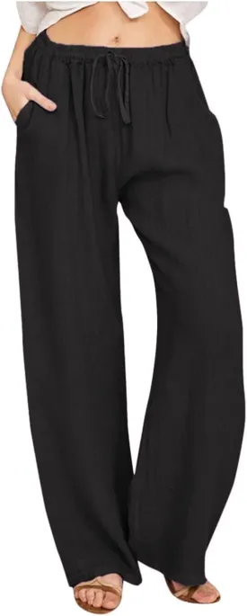 Women Summer Wide Leg Pants Drawstring Elastic High Waisted Lounge Pants Beach Casual Trousers with Pockets