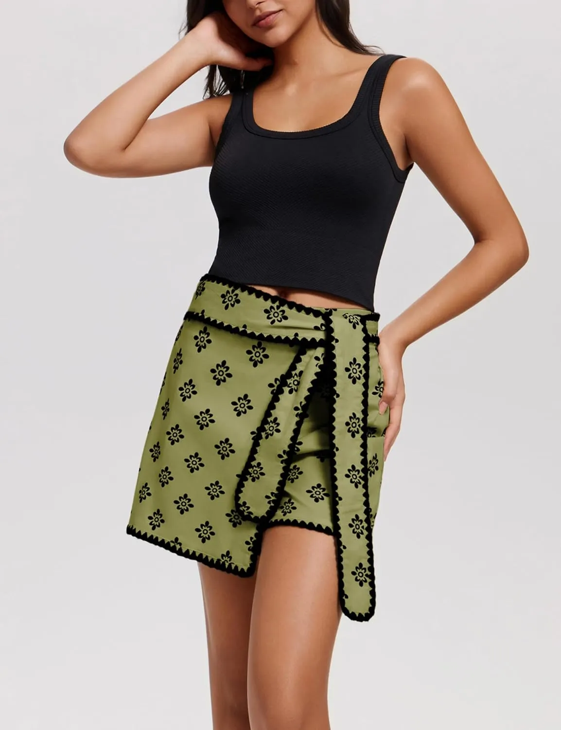 Women Wrap Skort 2025 Casual Summer Flowy Mini Skirt Knot Side Elastic Waist Bodycon Print Skirt with Belt