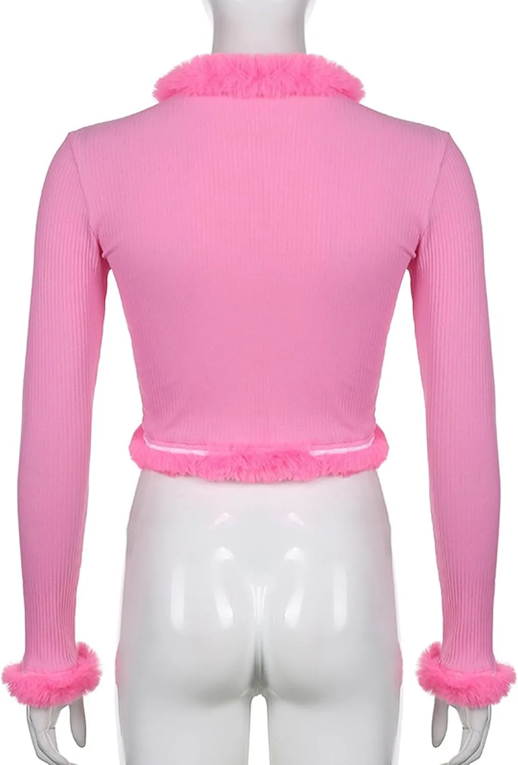 Women Y2K Long Sleeve Tie Front Blouse Fluffy Trim Collar Cuff Faux Fur Blouse