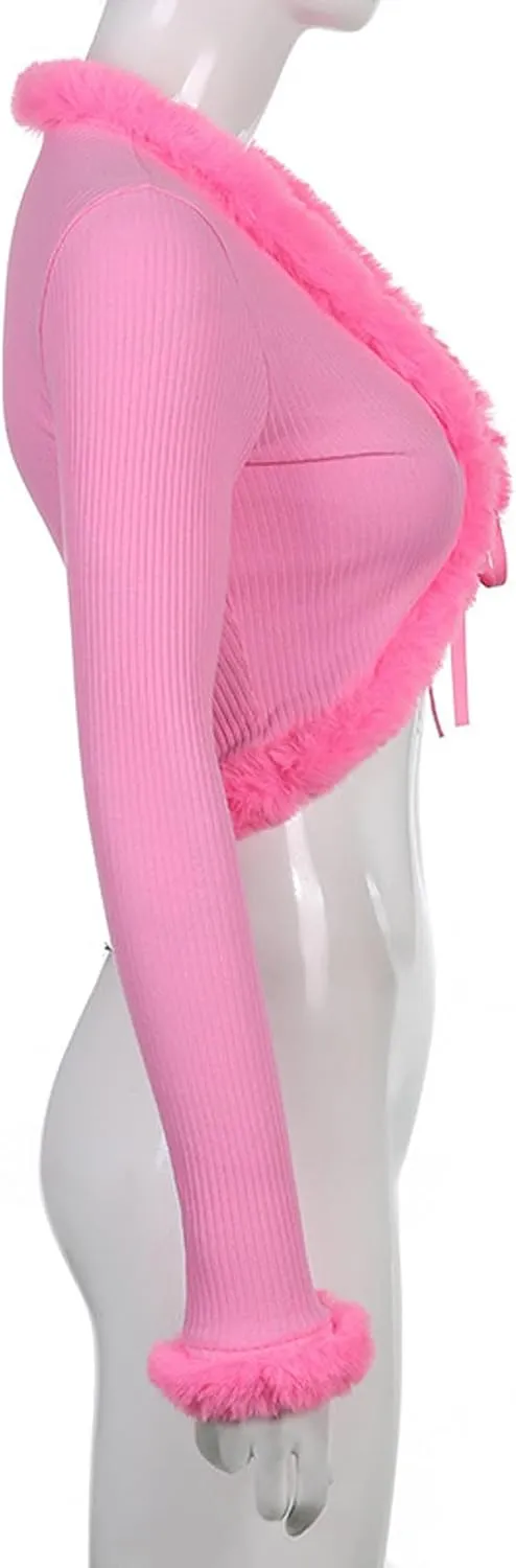 Women Y2K Long Sleeve Tie Front Blouse Fluffy Trim Collar Cuff Faux Fur Blouse