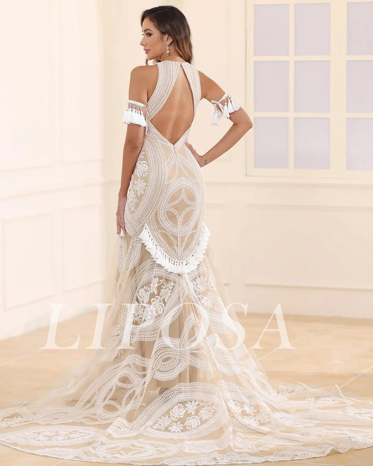 Women's Cowboy Wedding Dress 2 Pieces Long Sleeves Rustic Lace Elopement Mermaid Bridal Gown for Bride
