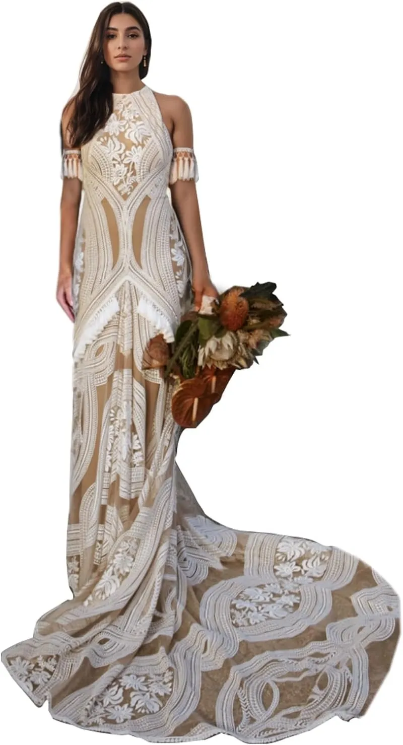 Women's Cowboy Wedding Dress 2 Pieces Long Sleeves Rustic Lace Elopement Mermaid Bridal Gown for Bride
