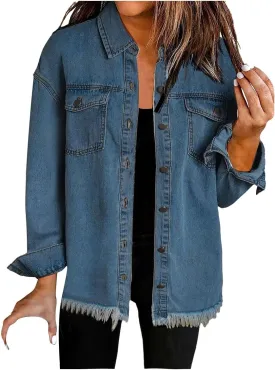 Women's Denim Jackets 2025 Trendy Distressed Frayed Hem Jacket Coat Retro Button Long Sleeve Crop Jean Shirts Pocket