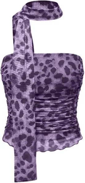 Women's Leopard Print Tube Top Cheetah Print Top Ruched Strapless Mesh Halter Tops for Women Going Out Party