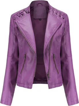 Women's Motorcycle Jacket Plus Size Zip Cropped Faux Leather Jackets Lapel Open Front Short Pleather Suit Bike Coat
