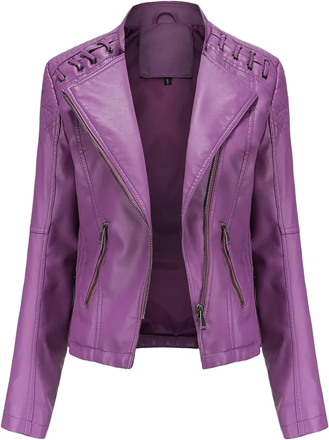 Women's Motorcycle Jacket Plus Size Zip Cropped Faux Leather Jackets Lapel Open Front Short Pleather Suit Bike Coat