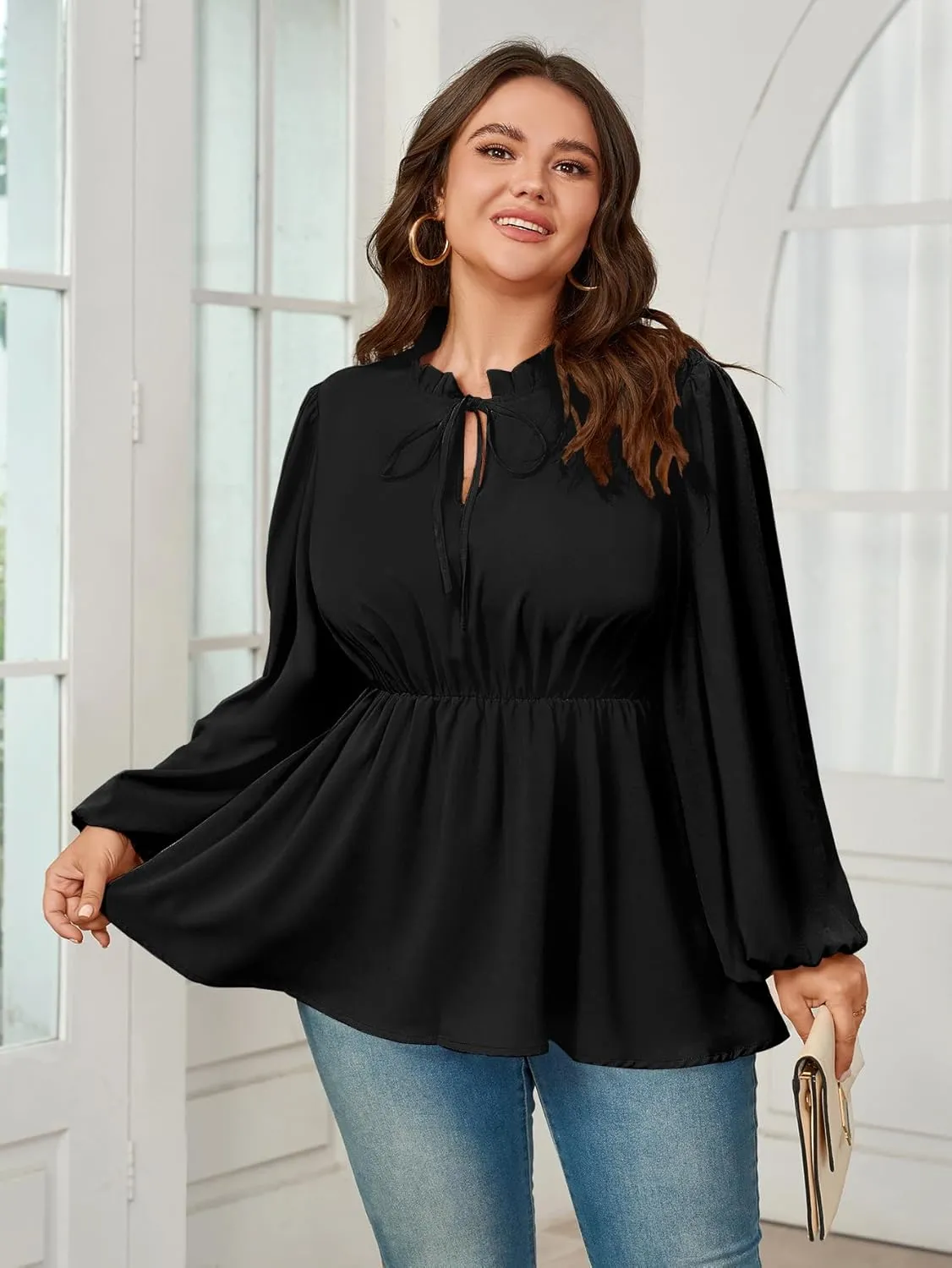 Womens Plus Size Blouse Tops Long Sleeve Tie Front Work Tops Dressy Casual Flowy Ruffle Peplum Tops for Women