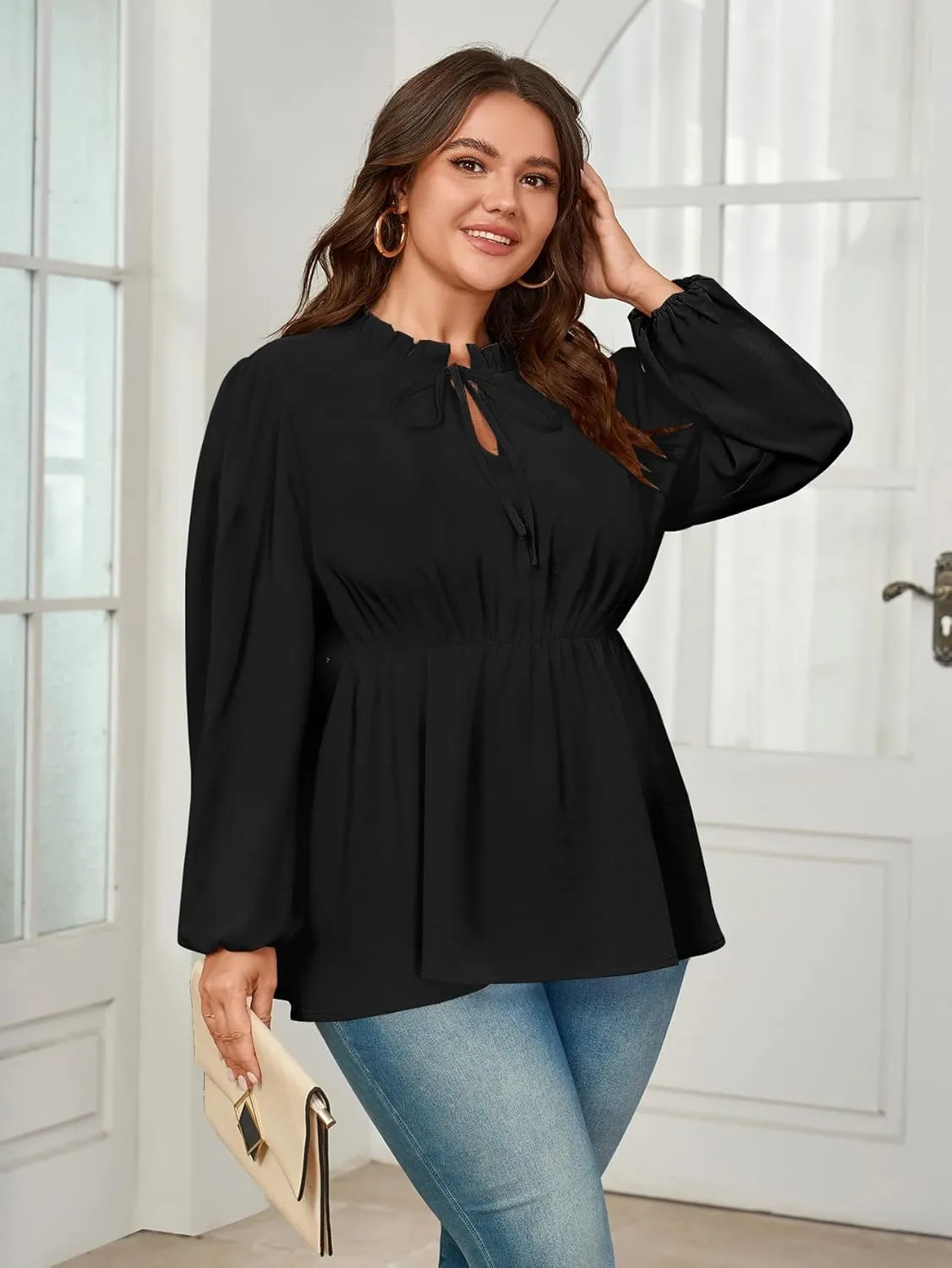 Womens Plus Size Blouse Tops Long Sleeve Tie Front Work Tops Dressy Casual Flowy Ruffle Peplum Tops for Women