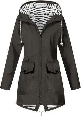 Womens Rain Jacket with Hood Waterproof Windbreaker Jacket Lightweight Long Raincoat Outdoor Trench Coat with Pockets