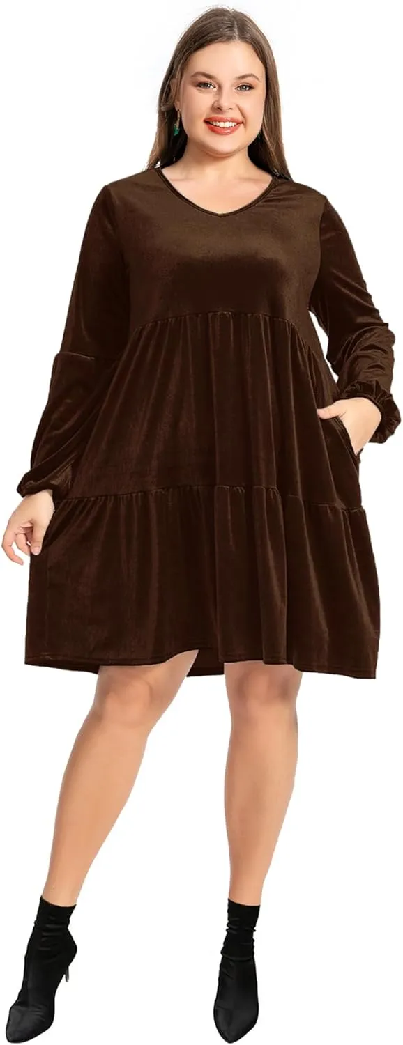 Women's Velvet Dress Long Sleeve Loose Flowy Swing Tunic Velvet Dress Plus Size Dress with Pocket