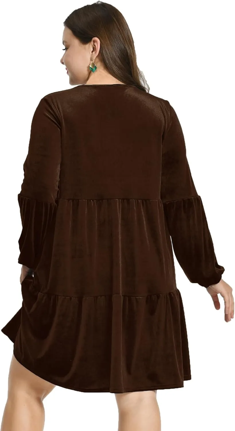Women's Velvet Dress Long Sleeve Loose Flowy Swing Tunic Velvet Dress Plus Size Dress with Pocket