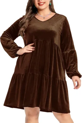 Women's Velvet Dress Long Sleeve Loose Flowy Swing Tunic Velvet Dress Plus Size Dress with Pocket