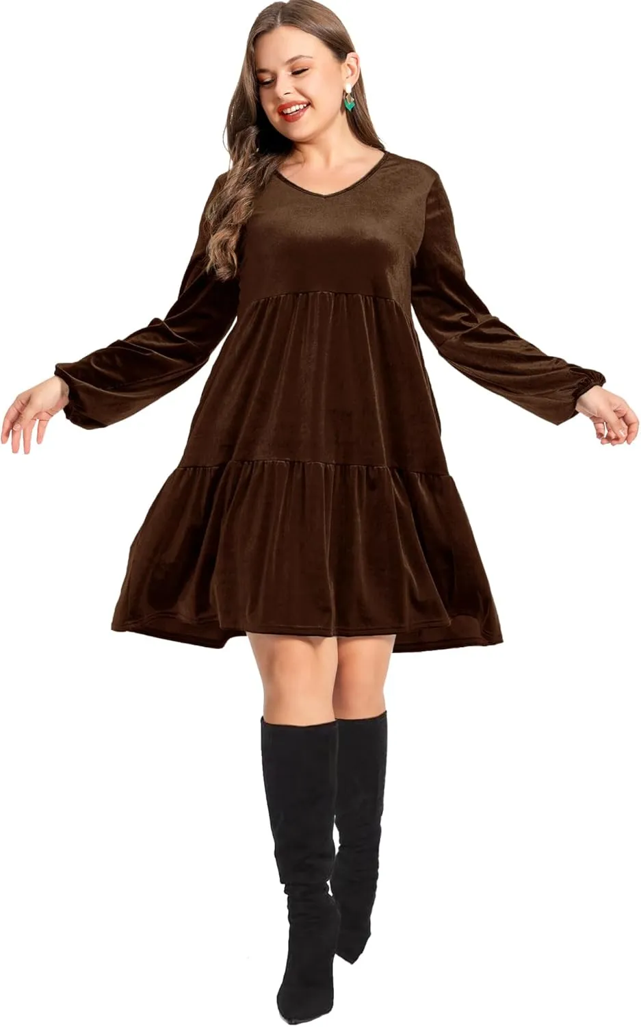 Women's Velvet Dress Long Sleeve Loose Flowy Swing Tunic Velvet Dress Plus Size Dress with Pocket