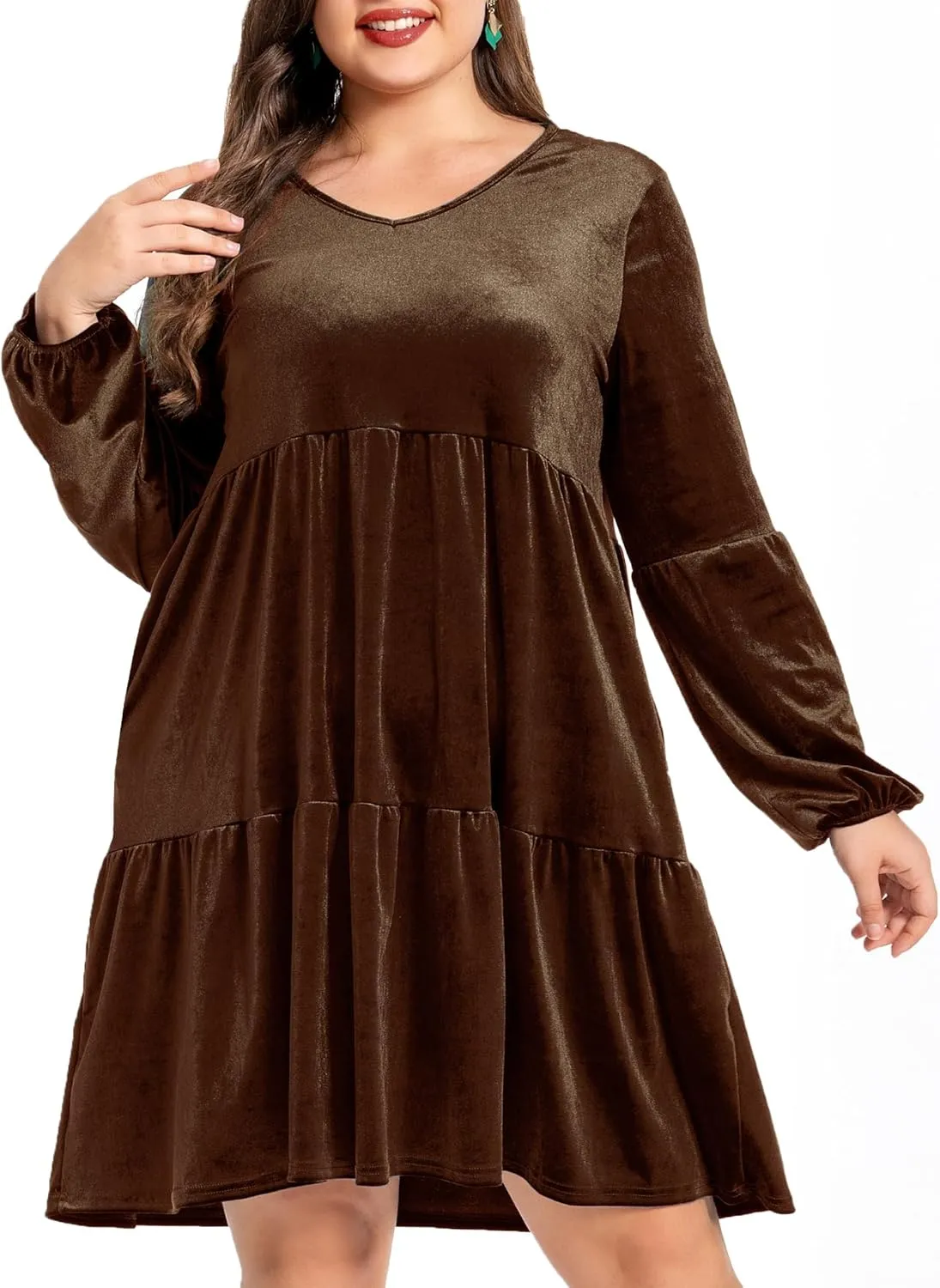Women's Velvet Dress Long Sleeve Loose Flowy Swing Tunic Velvet Dress Plus Size Dress with Pocket