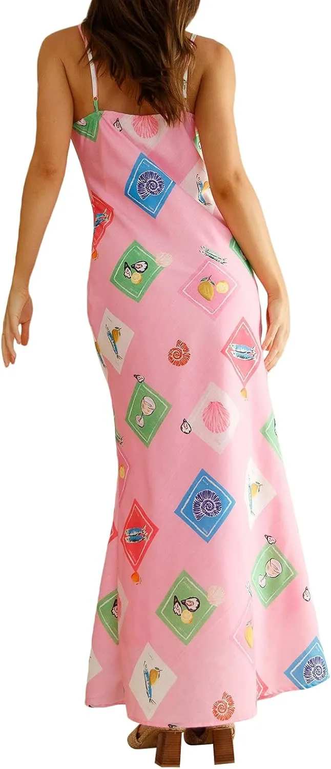 Womens Vintage Floral Slip Dress Spaghetti Strap Backless Flowy Long Dress Slim Fit Retro Cami Maxi Dress
