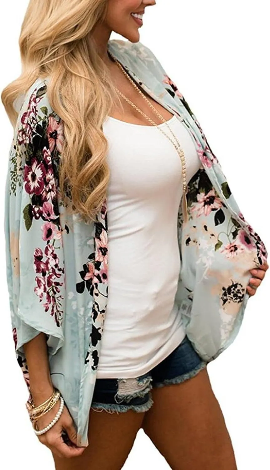 Yonala Womens Floral Kimono Loose Half Sleeve Chiffon Casual Cardigan Cover Up